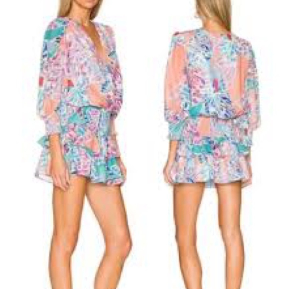 NWT,Amanda Uprichard Floral Mini Dress Pastel Ruffle Smocked Waist Resort SIZE S - Picture 7 of 9